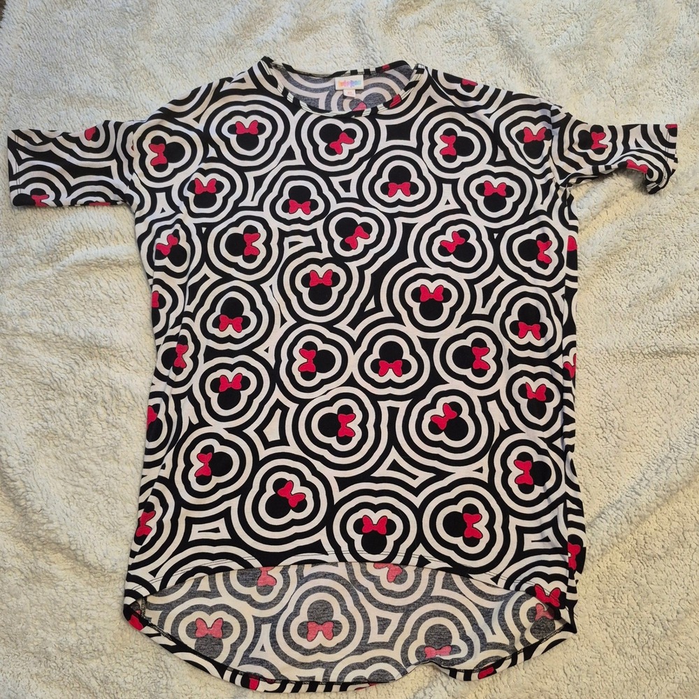 LuLaRoe Disney Minnie Mouse Irma Tunic Top Pink Bows High Low Black White XS